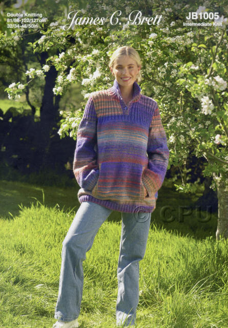Ladies Sweater in shade EM11 (Affectionate) which is striped purples pinks, yellow, orange and blue.