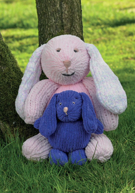 Knitted Rabbits. Colours shown are shades B66 for small rabbit, plus UG06 and UG13 for large rabbit. 