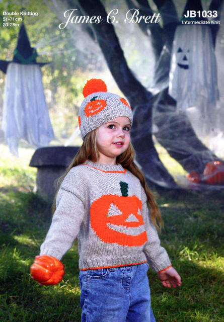 Knitted Halloween Pumpkin Motif Childs Sweater and Hat with Pompom