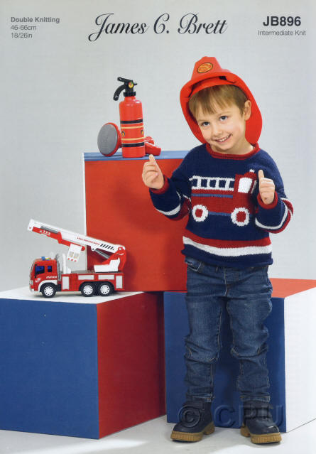 Babies and Children up to 6 years Knitted Fire Engine Motif Sweater. Colours shown are shades HP16, HP10, HP05 and HP04
