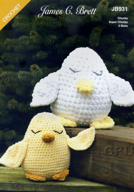 Crochet Eggbert Chick and Chuckles Chick. Colours shown are shades B09, B51, UG04 and UG01 