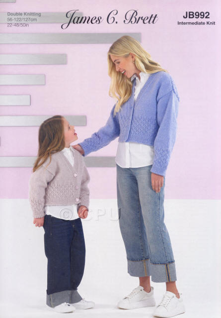 Girls Short Cardigan with V-neck and patterned panels in Elegance DK Beautiful (EG02) which is a pale pink colour and Ladies Cardigan with V-neck and patterned panels in Elegance DK Sophistication (EG04) which is a blue colour