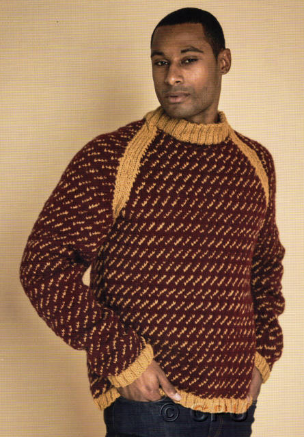 Knitted Mens Sweater - Colours shown are Gorse (M-5623) and Bilberry (C-5626). 